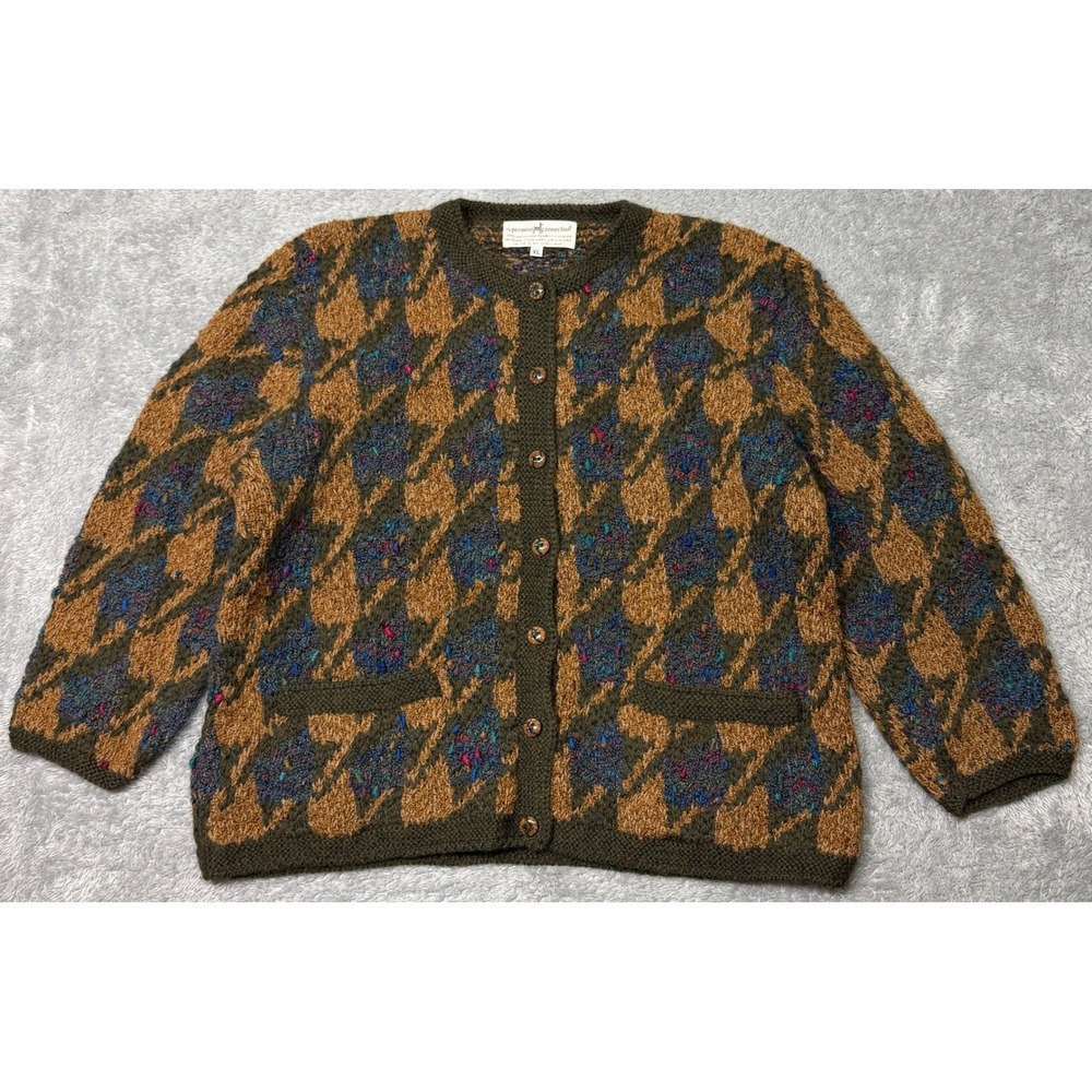 Vintage Peruvian Connection Cardigan XL Brown Argyle Wool Handknit Sweater 90s